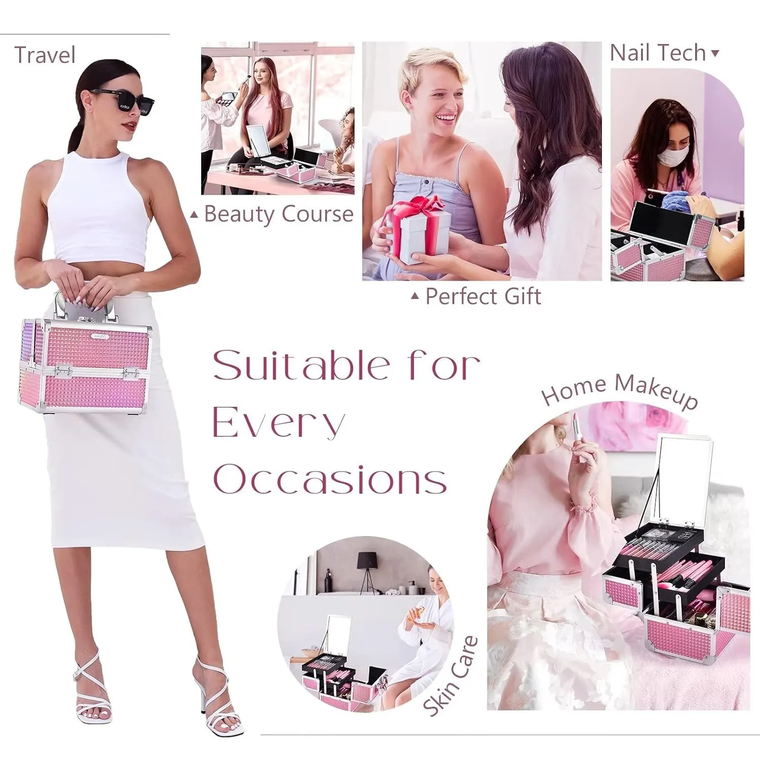 Joligrace Makeup Train Case Makeup Case Organizer Portable Cosmetic Box Storage with 2 Trays Mirror Locking Make Up Artist Travel Case Nail Kits Traveling Makeup Box Mermaid Pink