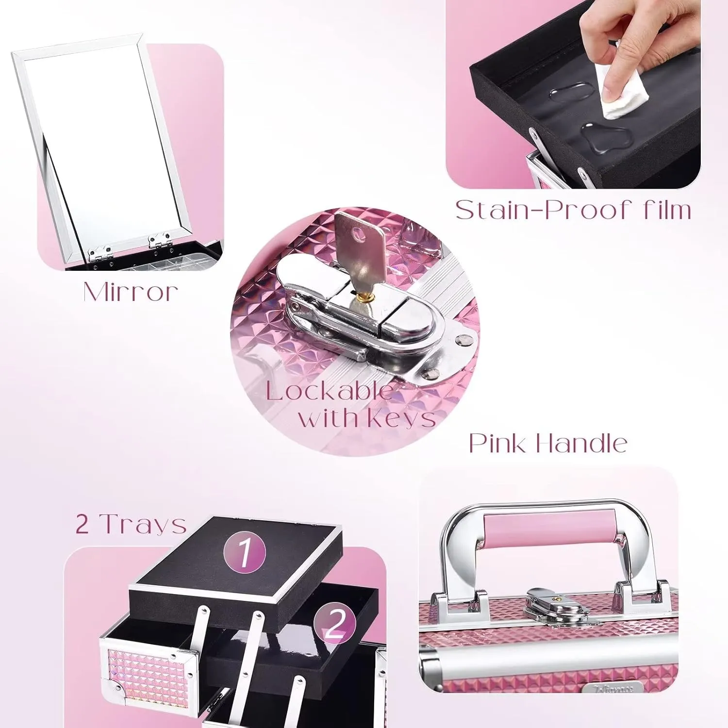 Joligrace Makeup Train Case Makeup Case Organizer Portable Cosmetic Box Storage with 2 Trays Mirror Locking Make Up Artist Travel Case Nail Kits Traveling Makeup Box Mermaid Pink