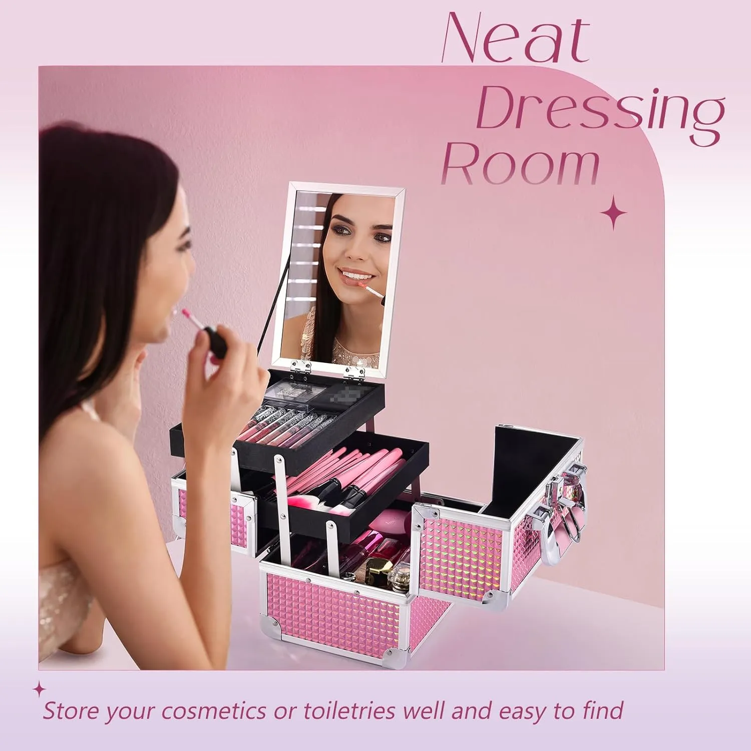 Joligrace Makeup Train Case Makeup Case Organizer Portable Cosmetic Box Storage with 2 Trays Mirror Locking Make Up Artist Travel Case Nail Kits Traveling Makeup Box Mermaid Pink