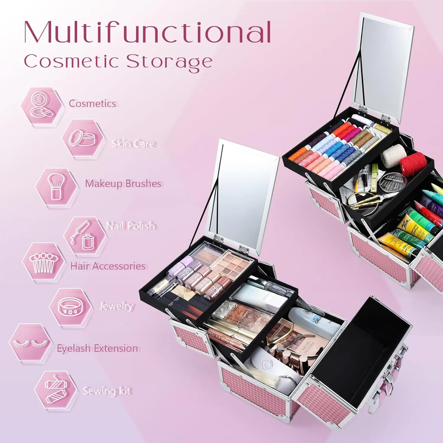 Joligrace Makeup Train Case Makeup Case Organizer Portable Cosmetic Box Storage with 2 Trays Mirror Locking Make Up Artist Travel Case Nail Kits Traveling Makeup Box Mermaid Pink