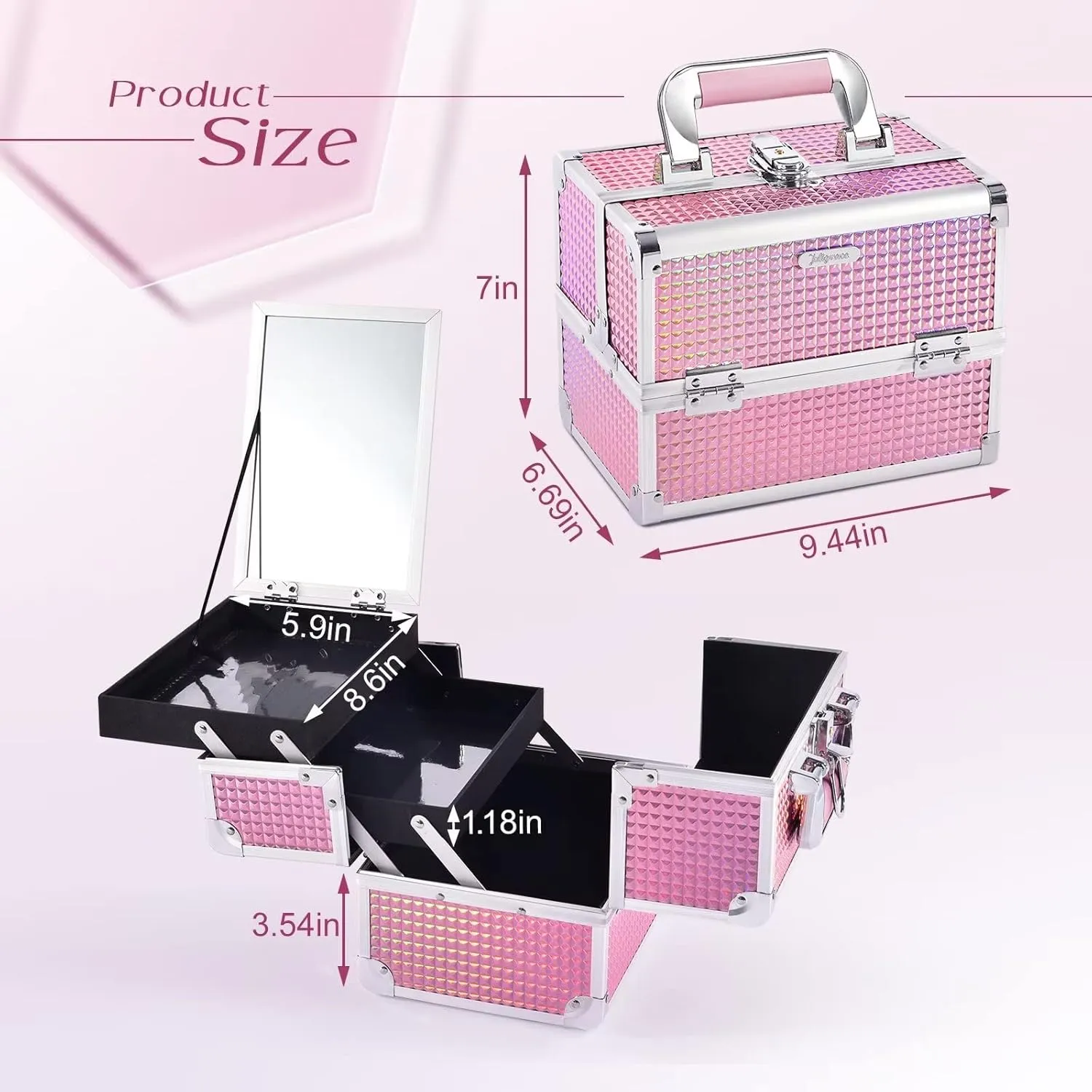 Joligrace Makeup Train Case Makeup Case Organizer Portable Cosmetic Box Storage with 2 Trays Mirror Locking Make Up Artist Travel Case Nail Kits Traveling Makeup Box Mermaid Pink