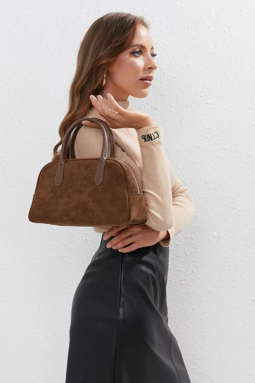 JOLLQUE Suede Handbag for Women,Vintage Top Handle Shoulder Bag,Retro Winter Autumn Work Tote Purse