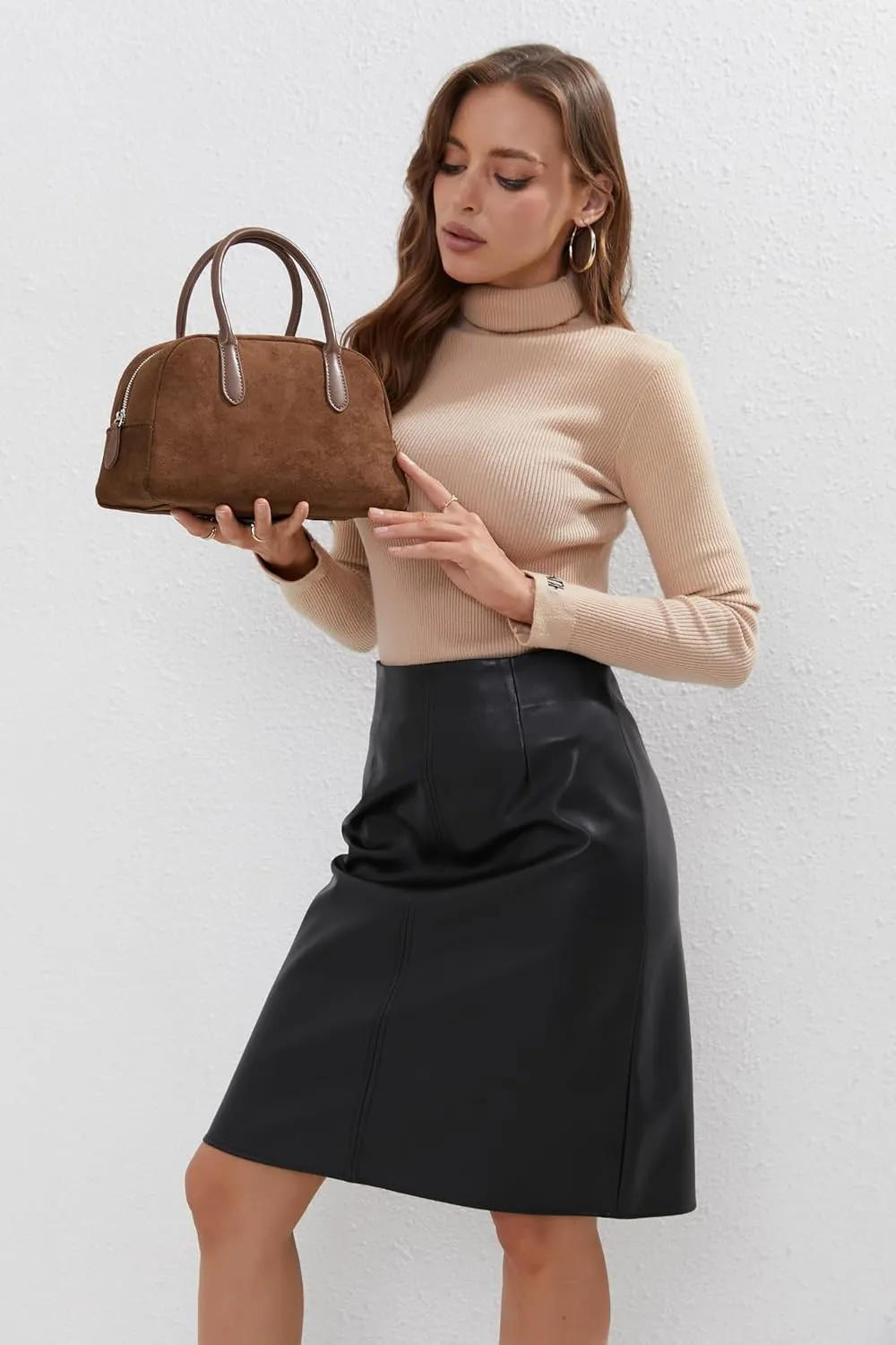 JOLLQUE Suede Handbag for Women,Vintage Top Handle Shoulder Bag,Retro Winter Autumn Work Tote Purse