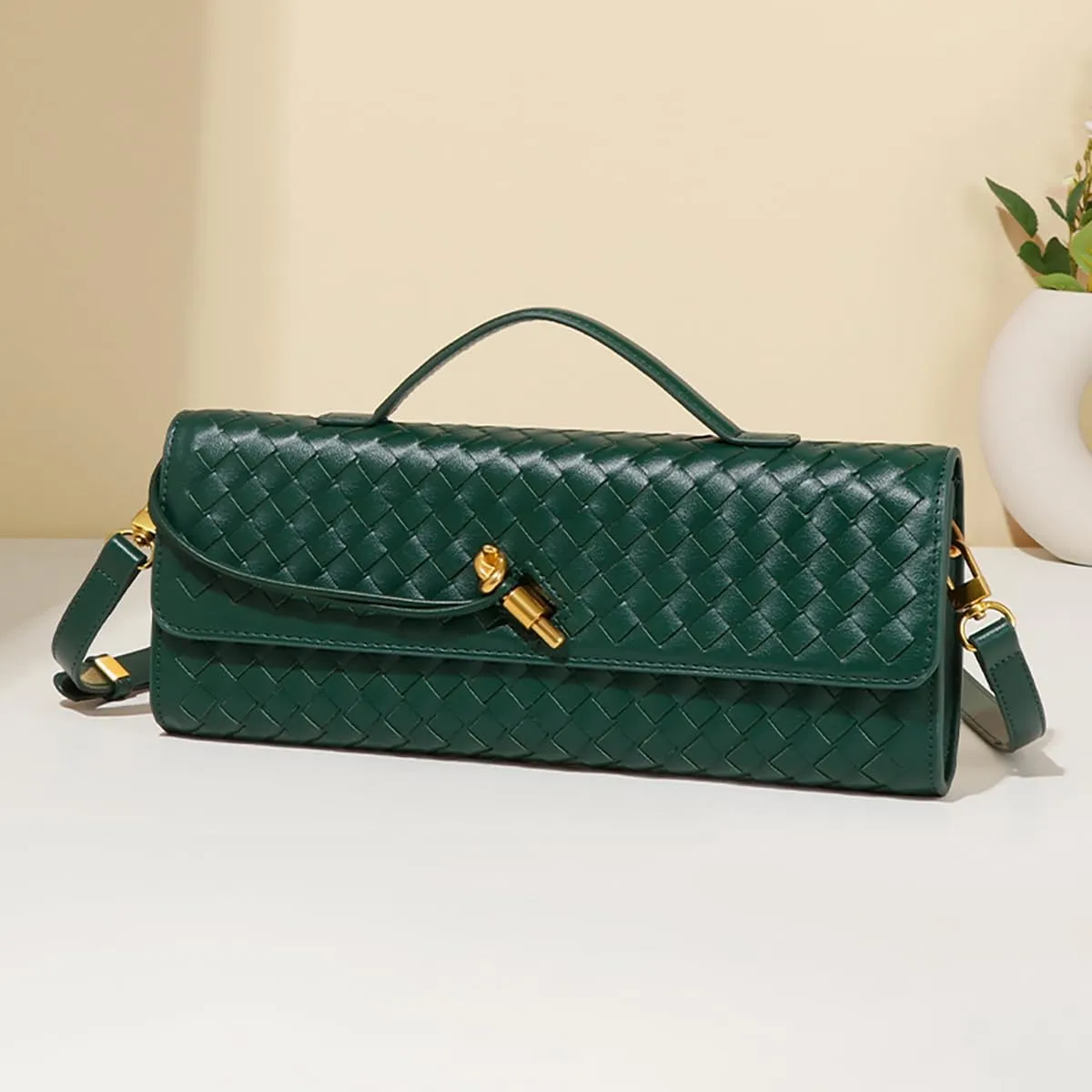 JYG Woven Handbag for Women Fashion Evening Shoulder Bag PU Leather Handmade Clutch Purse Casual Crossbody Bags 2024