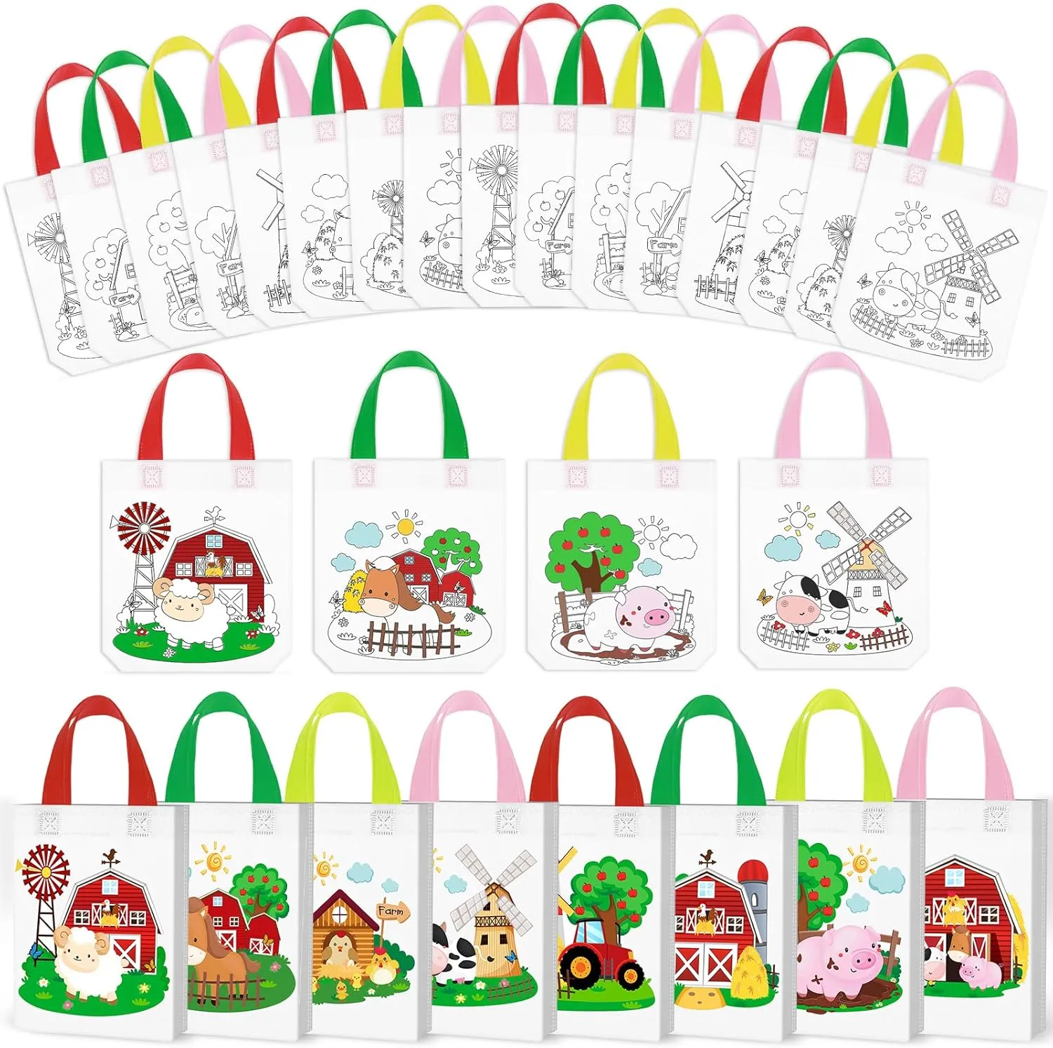 Kajaia 24 Pcs Coloring Goodie Bags for Kids Farm Party Favors Cute Animal Reusable Tote Bags Both Side DIY Non Woven Your Own Bags for Farmhouse Thanksgiving Birthday School Party Painting Supplies