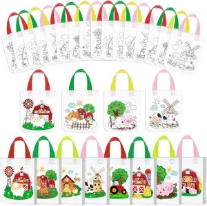 Kajaia 24 Pcs Coloring Goodie Bags for Kids Farm Party Favors Cute Animal Reusable Tote Bags Both Side DIY Non Woven Your Own Bags for Farmhouse Thanksgiving Birthday School Party Painting Supplies