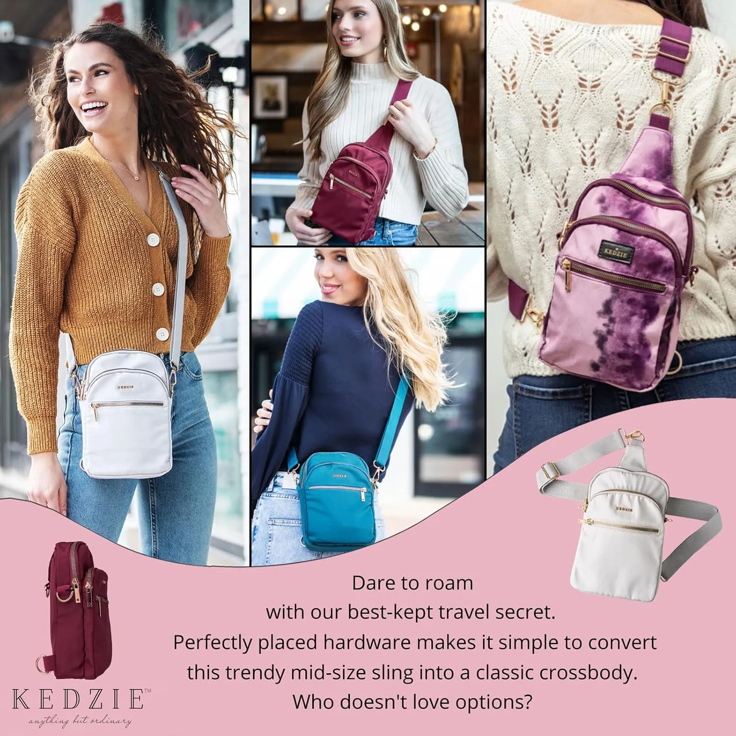 KEDZIE Roundtrip Convertible Sling & Crossbody Bag for Women with Adjustable Strap