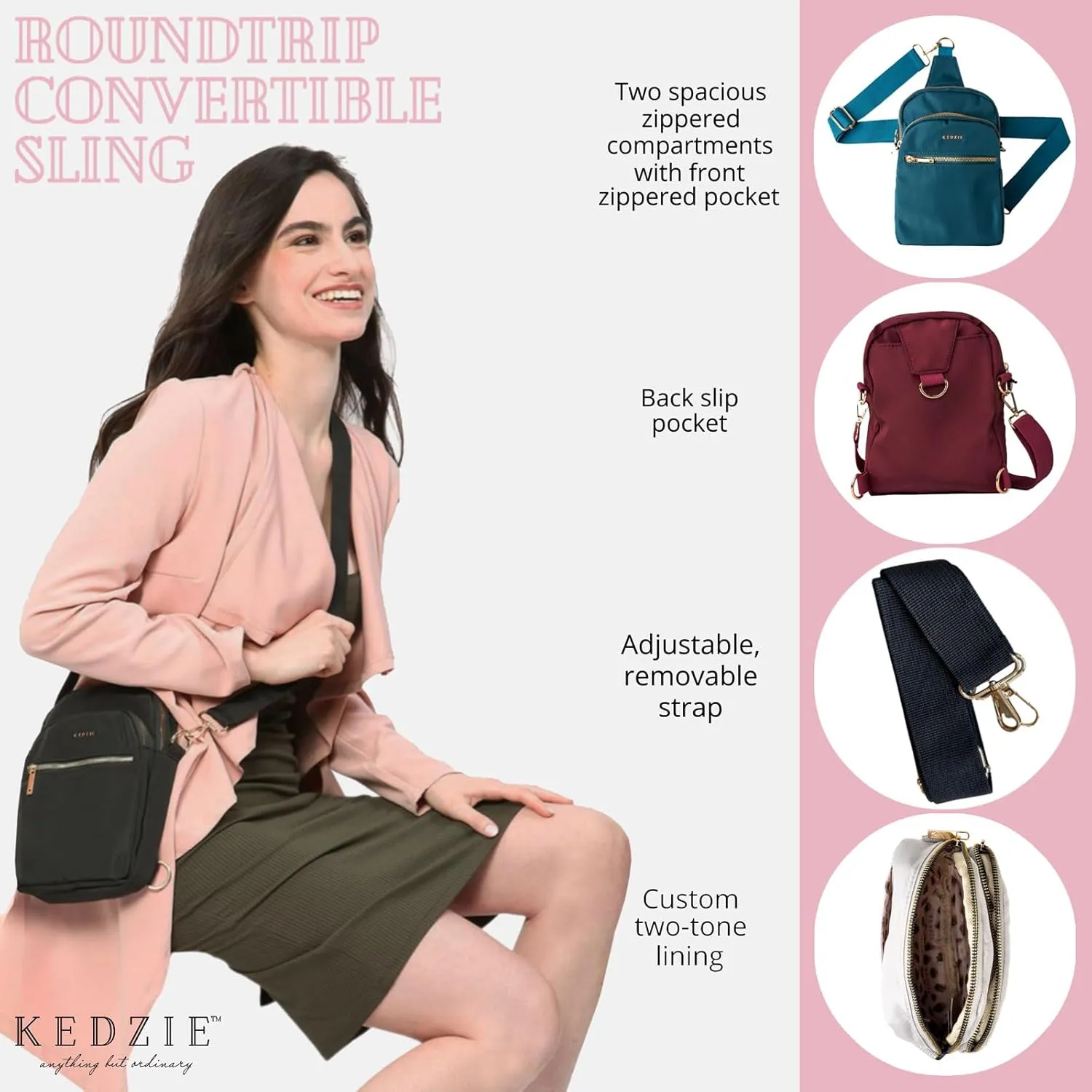 KEDZIE Roundtrip Convertible Sling & Crossbody Bag for Women with Adjustable Strap
