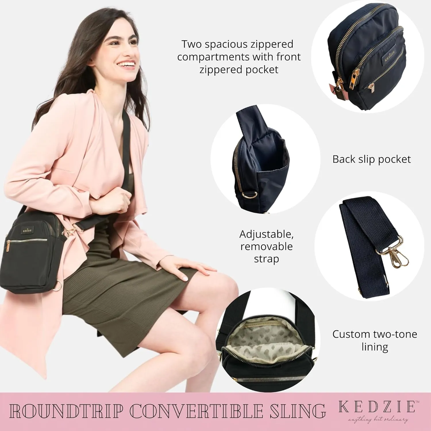 KEDZIE Roundtrip Convertible Sling & Crossbody Bag for Women with Adjustable Strap