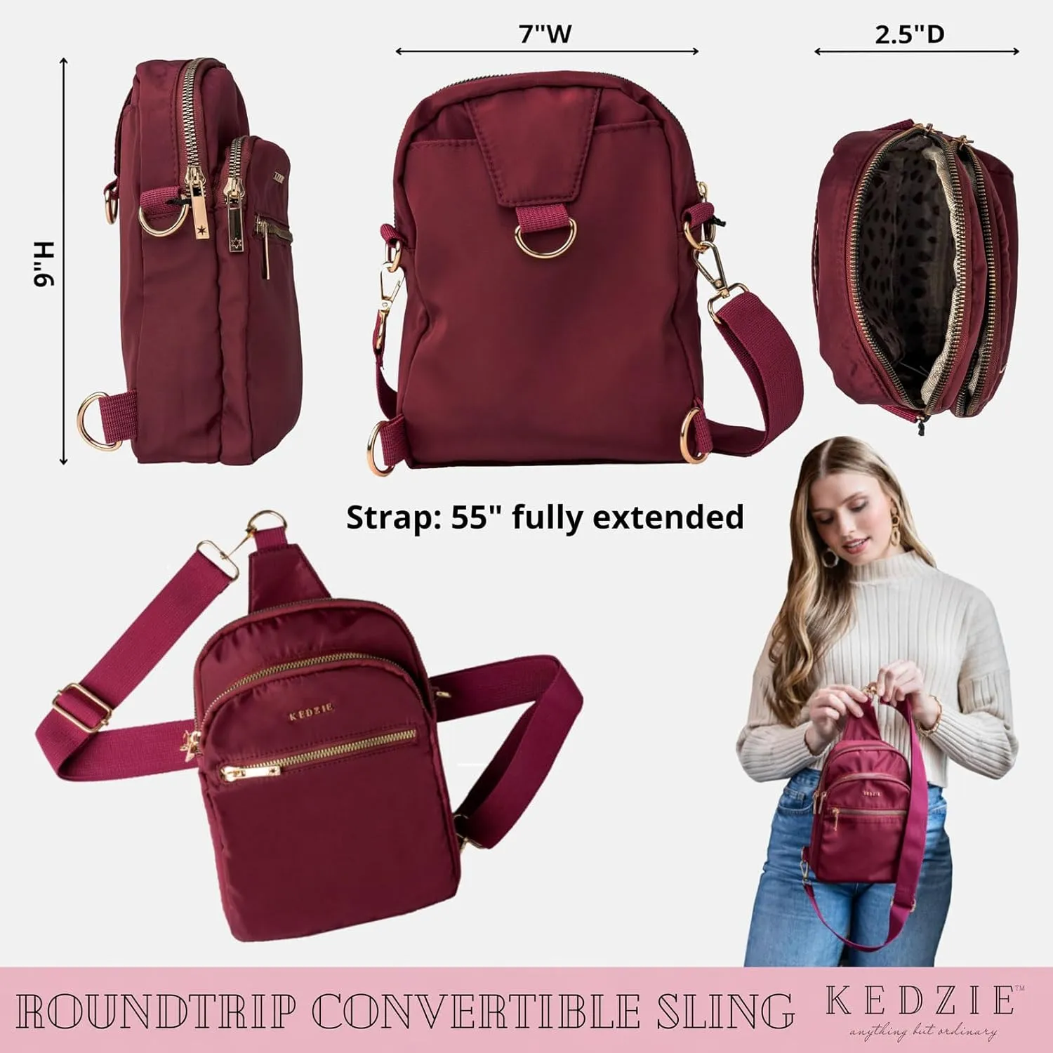 KEDZIE Roundtrip Convertible Sling & Crossbody Bag for Women with Adjustable Strap