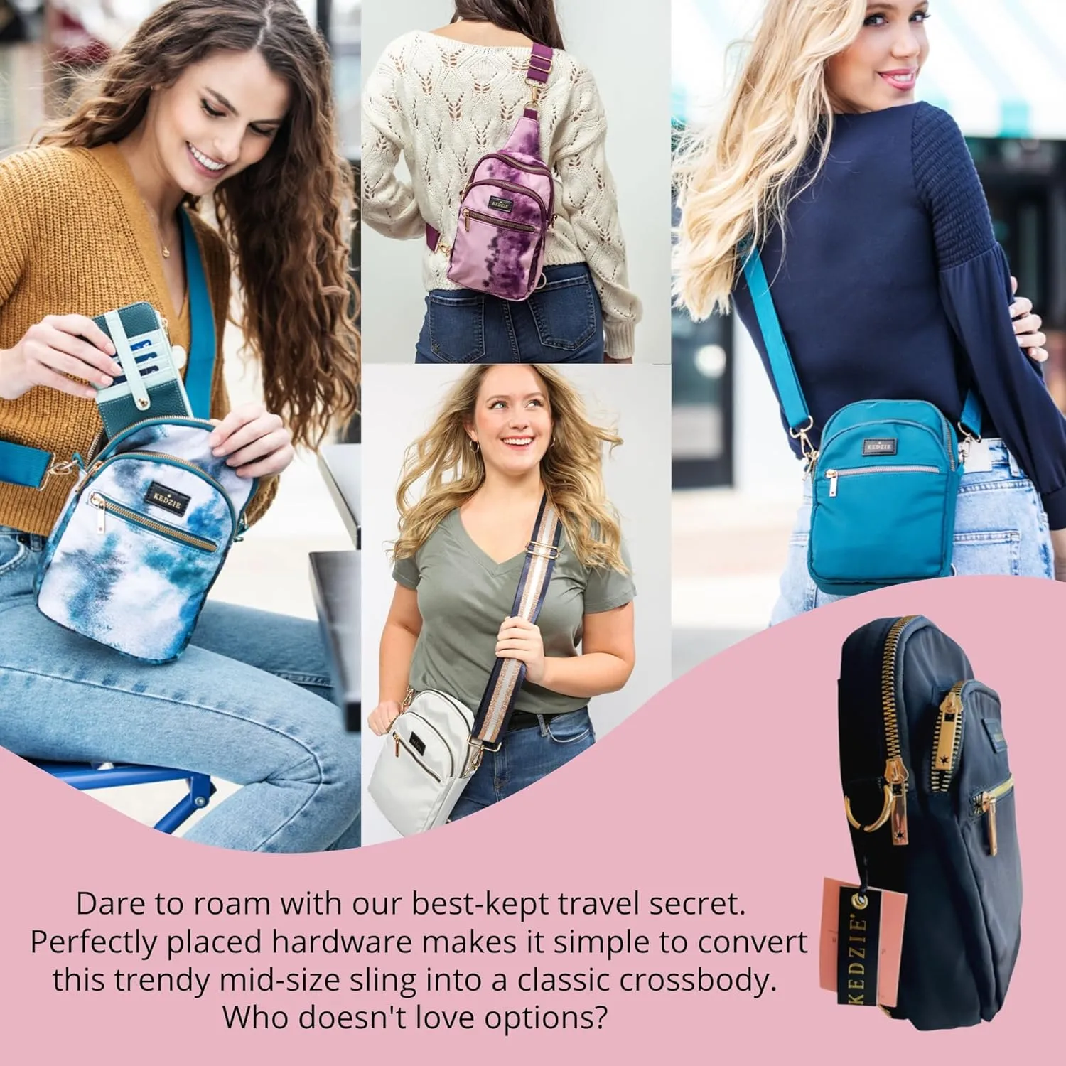 KEDZIE Roundtrip Convertible Sling & Crossbody Bag for Women with Adjustable Strap