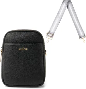 KEDZIE Solstice Convertible Sling Bag Crossbody Purse (Black) & Interchangeable 2-Inch Bag Strap (Platinum)