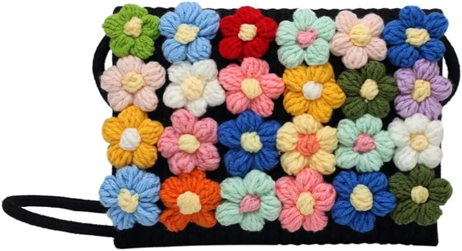 KESYOO Knitted Handbag Flower Crochet Purse Clutch Summer Beach Tote Bag Cute Wool Woven Crossbody Bag for Women Girls