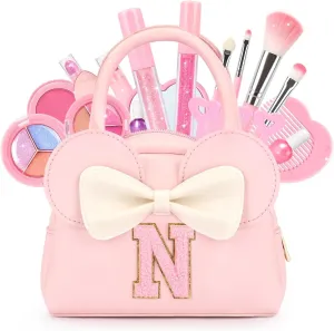 Kids Real Makeup Kit for Girls - 18Pcs Non-Toxic Washable Make Up Toys with Initial Toddler Purse - Personalized Birthday Gifts for Age 3 4 5 6 7 8 9 10 Years Old Girls Vanity Set - N