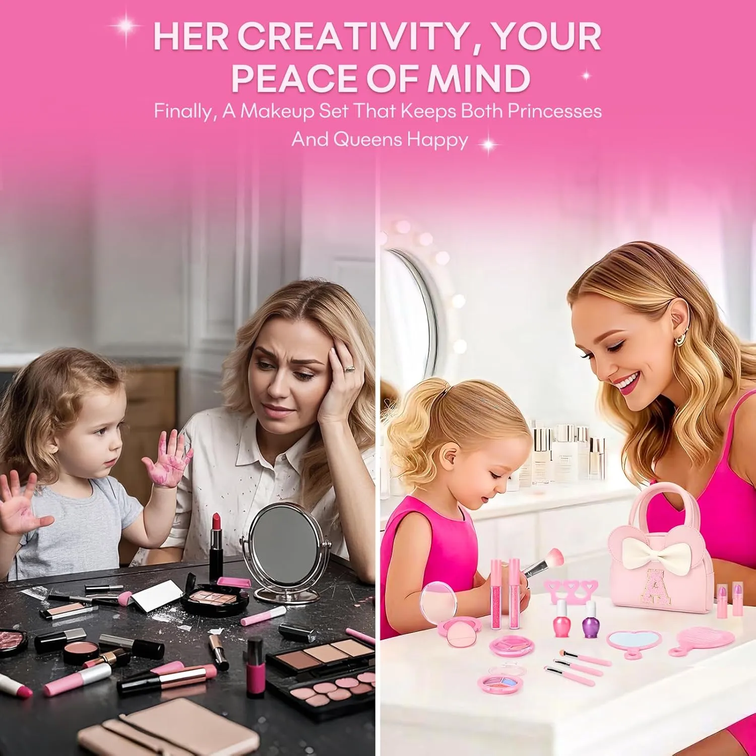 Kids Real Makeup Kit for Girls - 18Pcs Non-Toxic Washable Make Up Toys with Initial Toddler Purse - Personalized Birthday Gifts for Age 3 4 5 6 7 8 9 10 Years Old Girls Vanity Set - N
