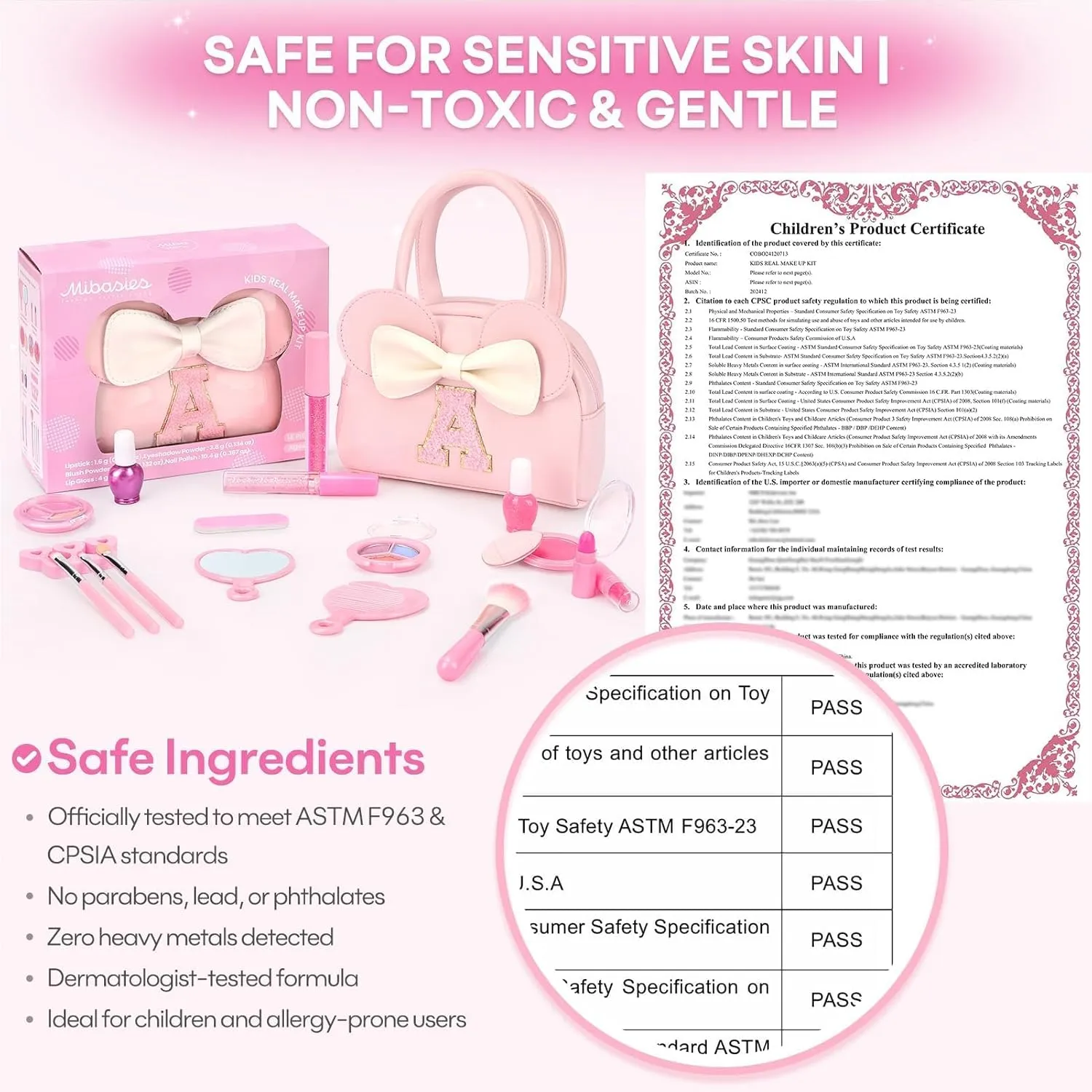 Kids Real Makeup Kit for Girls - 18Pcs Non-Toxic Washable Make Up Toys with Initial Toddler Purse - Personalized Birthday Gifts for Age 3 4 5 6 7 8 9 10 Years Old Girls Vanity Set - N
