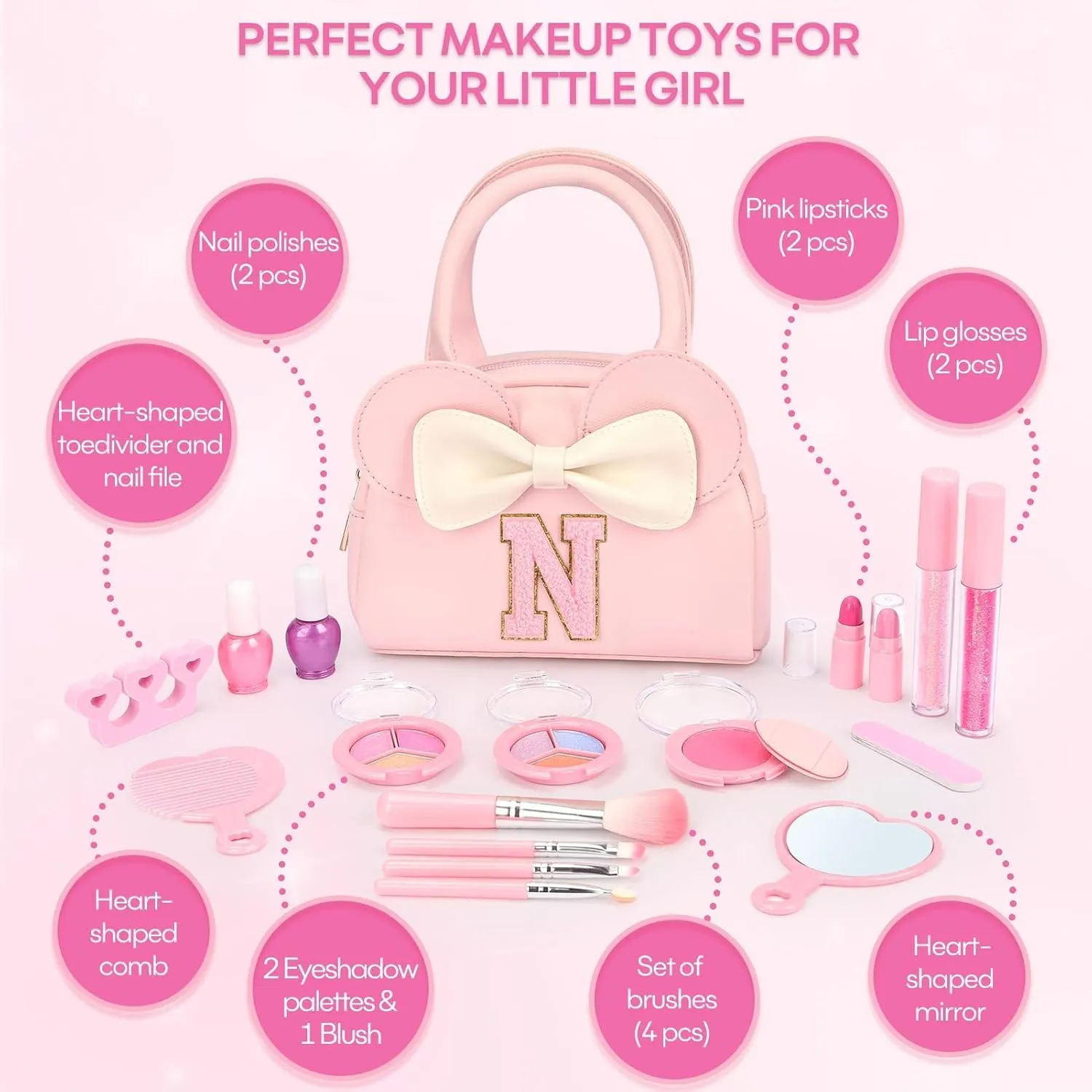 Kids Real Makeup Kit for Girls - 18Pcs Non-Toxic Washable Make Up Toys with Initial Toddler Purse - Personalized Birthday Gifts for Age 3 4 5 6 7 8 9 10 Years Old Girls Vanity Set - N