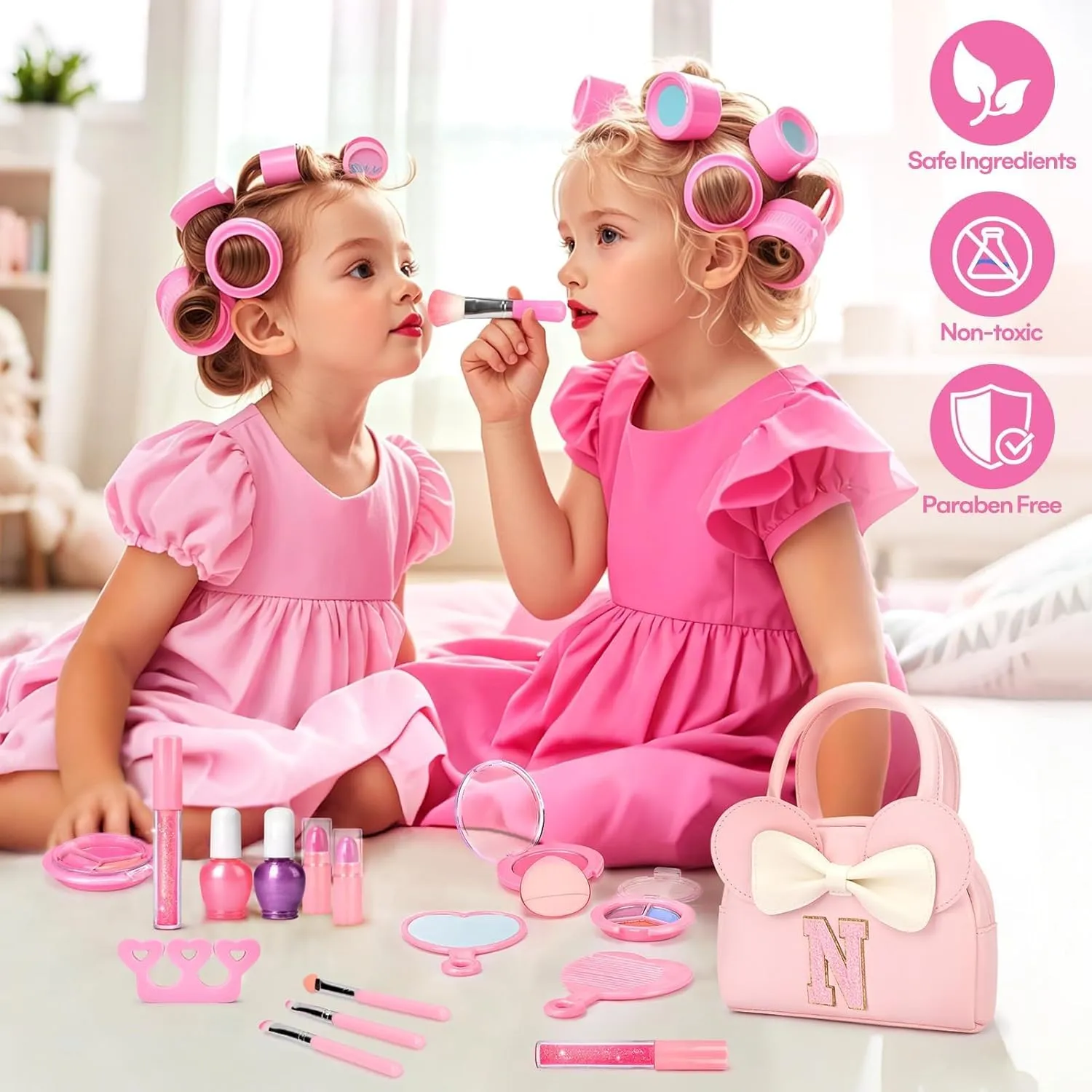 Kids Real Makeup Kit for Girls - 18Pcs Non-Toxic Washable Make Up Toys with Initial Toddler Purse - Personalized Birthday Gifts for Age 3 4 5 6 7 8 9 10 Years Old Girls Vanity Set - N