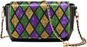 Kigai Geometric Glitter Mardi Gras Crossbody Bags for Women Retro Cross Body Purse Small PU Leather Shoulder Handbags with Chain Strap