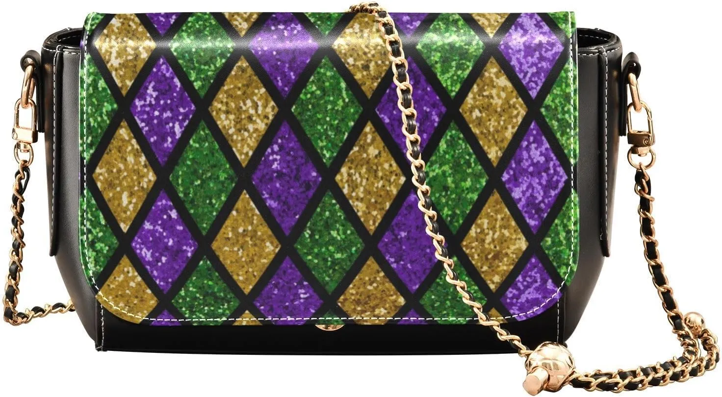 Kigai Geometric Glitter Mardi Gras Crossbody Bags for Women Retro Cross Body Purse Small PU Leather Shoulder Handbags with Chain Strap