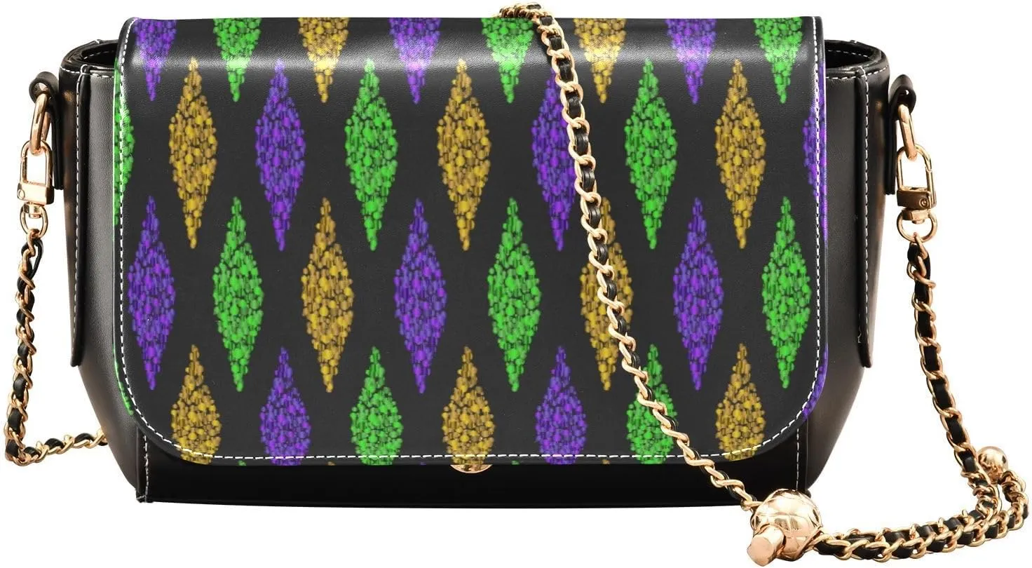 Kigai Mardi Gras Geometric Crossbody Bags for Women Retro Cross Body Purse Small PU Leather Shoulder Handbags with Chain Strap