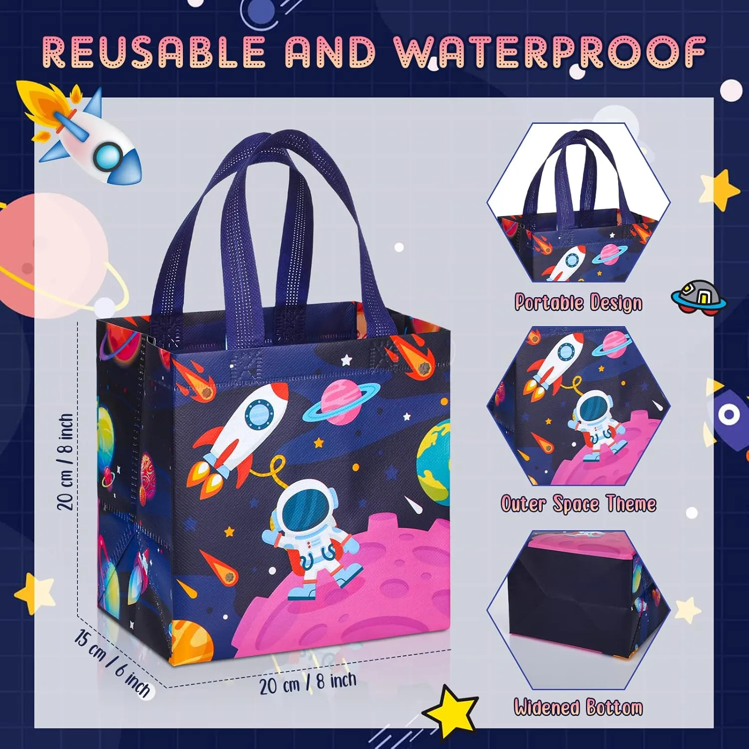 Kigeli 48 Pcs Outer Space Party Favors Bags, Non-woven Astronaut Gift Bag with Handles, 8 x 8 x 6 inch Large Goodie Candy Treat Tote for Solar System Planet Space Theme Birthday Party Supplies