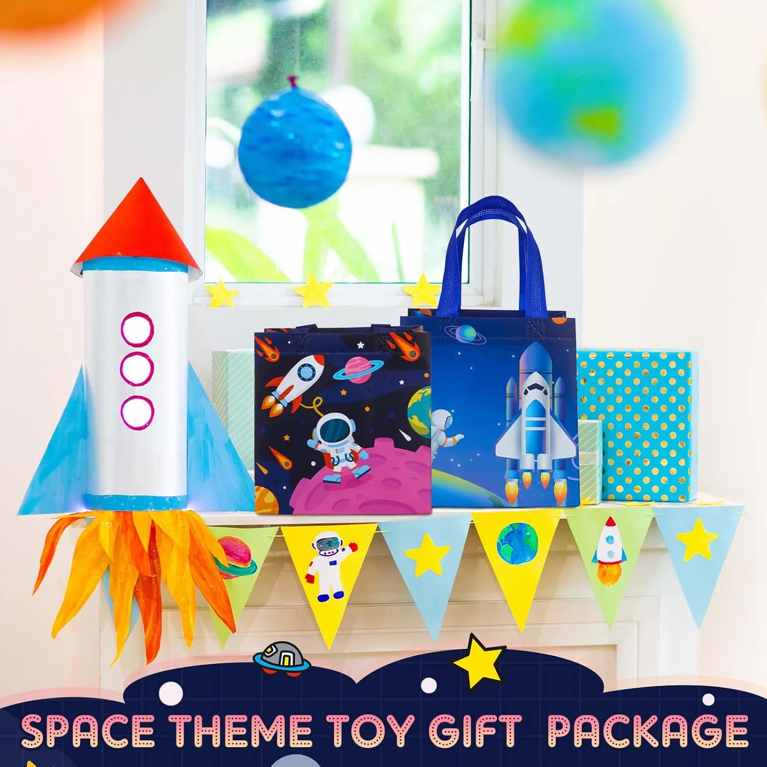 Kigeli 48 Pcs Outer Space Party Favors Bags, Non-woven Astronaut Gift Bag with Handles, 8 x 8 x 6 inch Large Goodie Candy Treat Tote for Solar System Planet Space Theme Birthday Party Supplies
