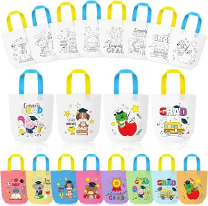 Kindergarten Graduation Coloring Goodie Bags for Kids - 24Pcs Congrats Grad Bulk Color Your Own Gift Bags with Handle Preschool Graduation Reusable Non Woven Tote Bags for Grad Party DIY Craft Favors