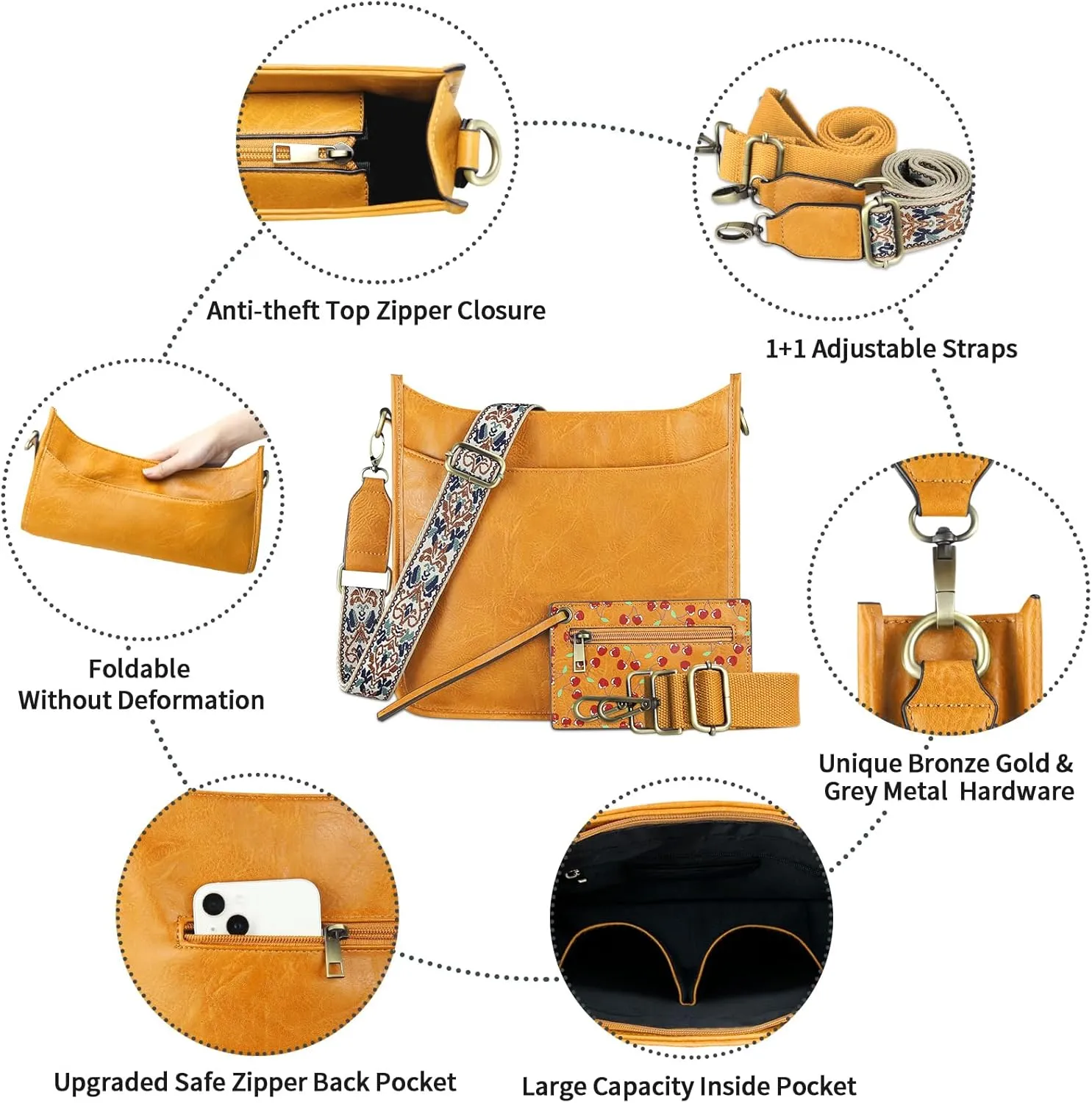 KITATU 2Pcs Crossbody Bags for Women Hobo Handbags Shoulder Designer Purse Vegan Leather Bag With 2 Straps