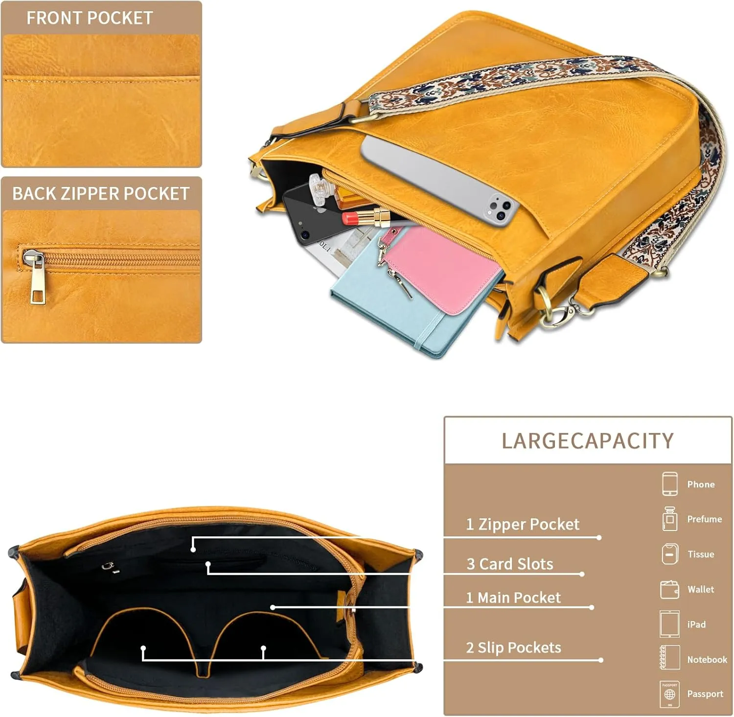 KITATU 2Pcs Crossbody Bags for Women Hobo Handbags Shoulder Designer Purse Vegan Leather Bag With 2 Straps