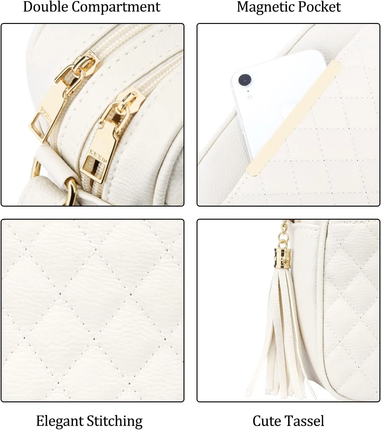 KKXIU Quilted Double Compartment Multiple Pocket Crossbody Bag for Women and Teen Girls Stylish Shoulder Purse with Tassel