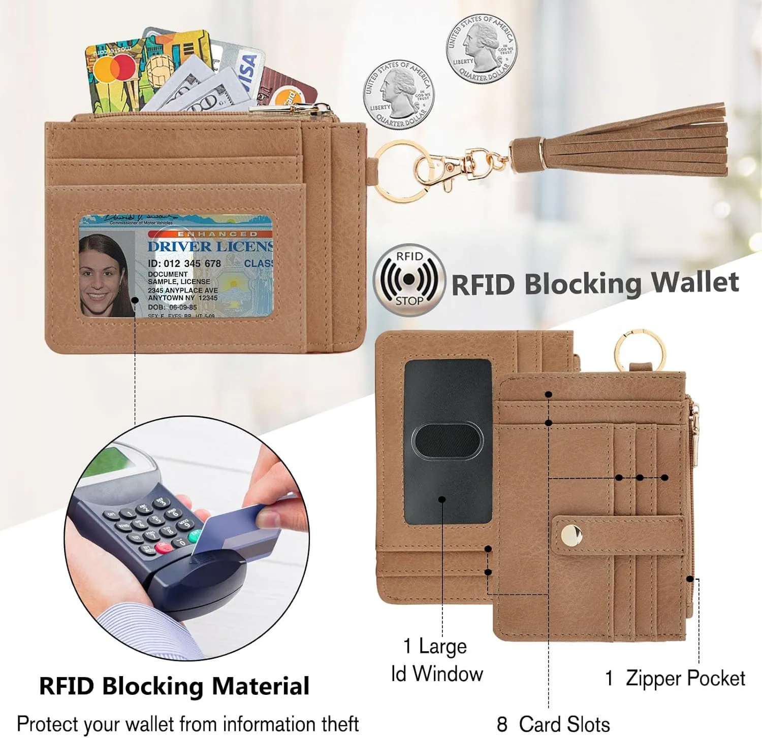 KNGITRYI Wallet Keychain Wristlet for Women,Slim RFID Credit Card Holder Purse Tassel Keychain Bangle Key Ring for Men Women