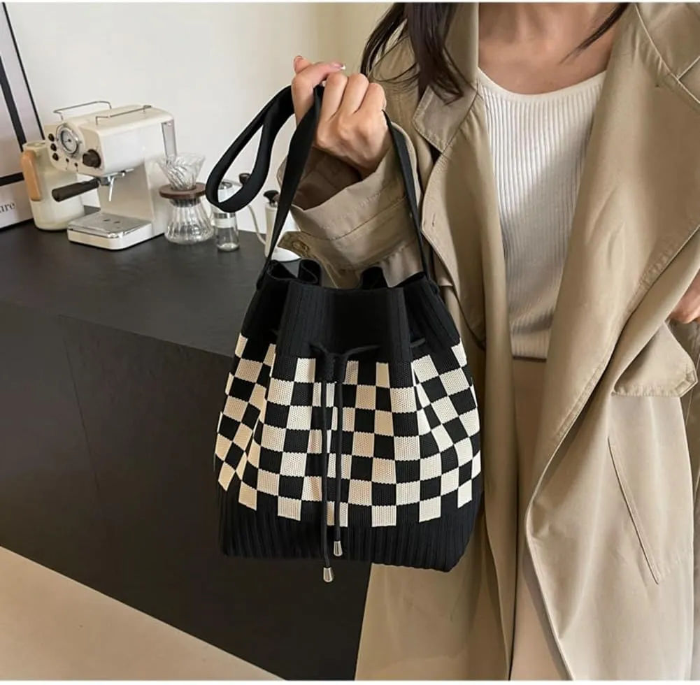 Knit Bucket Bag Women 2025 Trendy Spring Crochet Knitted Drawstring Shoulder Bags Crossbody Purse Geometric Pattern