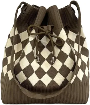 Knit Bucket Bag Women 2025 Trendy Spring Crochet Knitted Drawstring Shoulder Bags Crossbody Purse Geometric Pattern