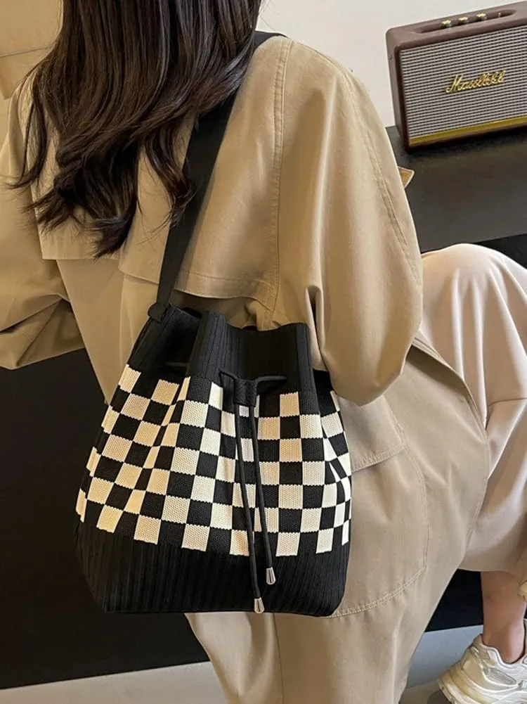 Knit Bucket Bag Women 2025 Trendy Spring Crochet Knitted Drawstring Shoulder Bags Crossbody Purse Geometric Pattern