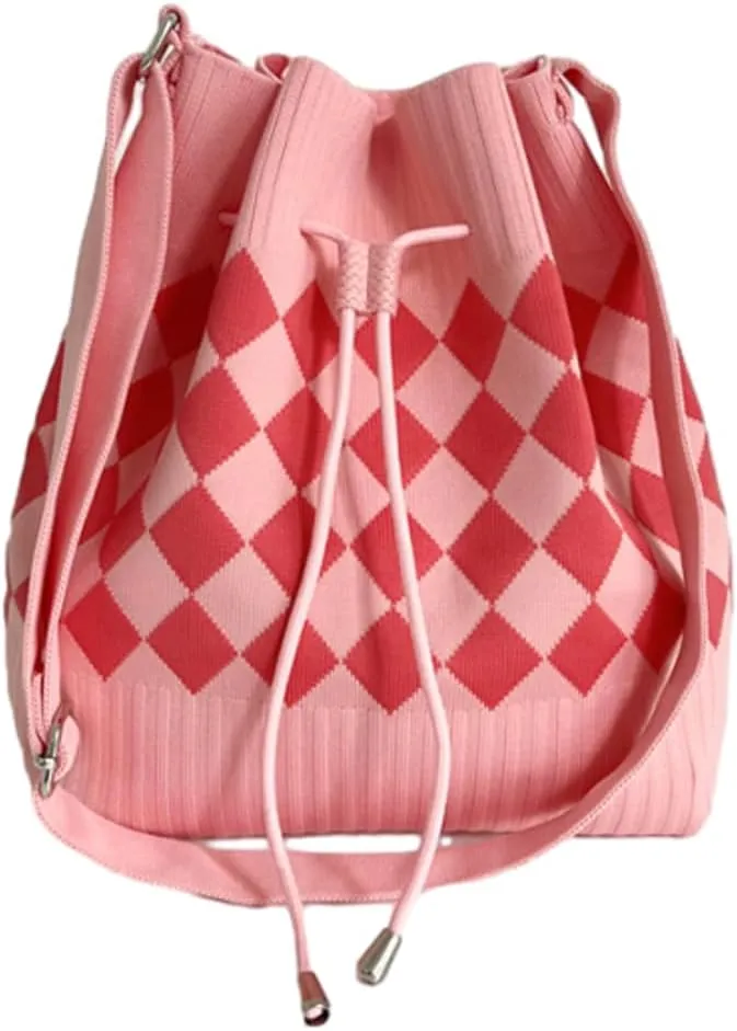 Knit Bucket Bag Women 2025 Trendy Spring Crochet Knitted Drawstring Shoulder Bags Crossbody Purse Geometric Pattern