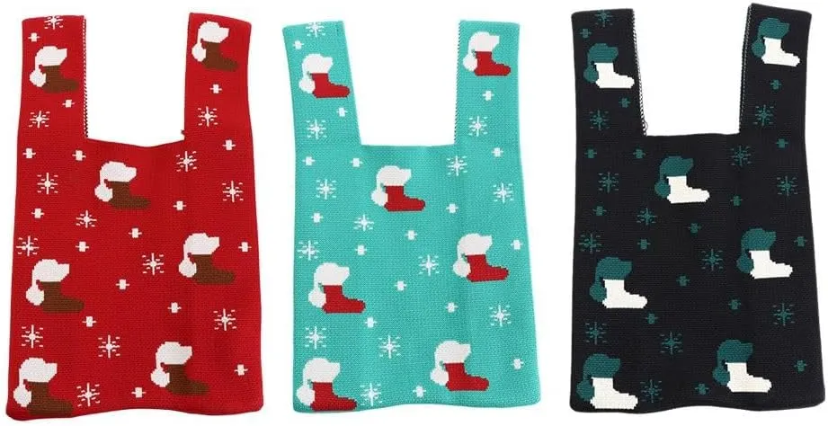 Knitted Bag 3PCS Christmas Atmosphere Knot Wrist Bag Simple Cute Knitted Bag Women's Handbag Fashion Simple Tote Bag Purses Ladies Reusable Portable Shopping Bag