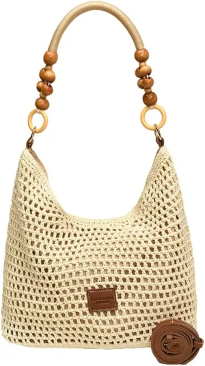 Knitted Beach Bag for Women Handmade Woven Tote Bags Summer Hobo Handbag for Traveling Large Capacity Shoulder Bags