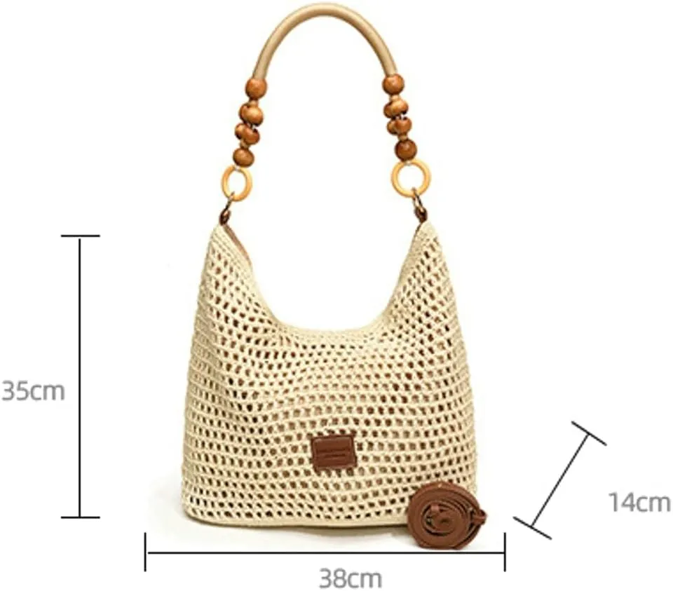 Knitted Beach Bag for Women Handmade Woven Tote Bags Summer Hobo Handbag for Traveling Large Capacity Shoulder Bags