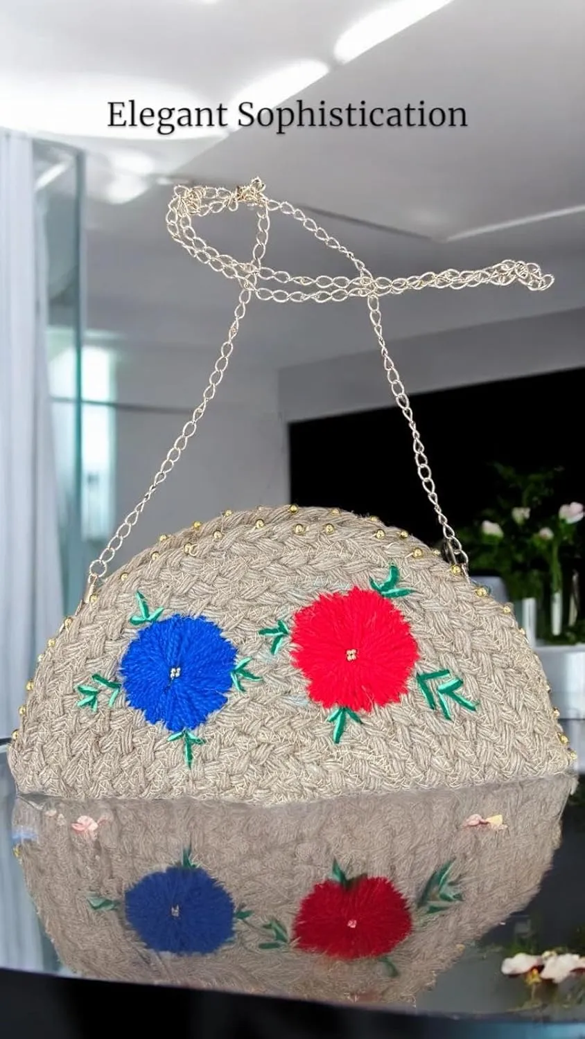 Knitted Clutch Purse with Floral Embroidery, Gold Beaded Trim