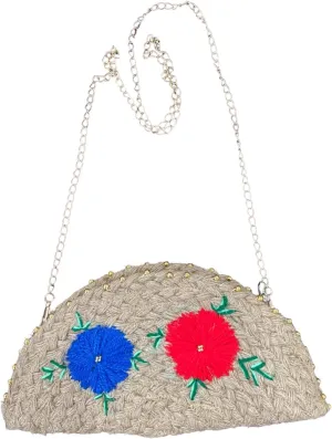 Knitted Clutch Purse with Floral Embroidery, Gold Beaded Trim