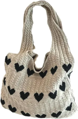 Knitted Heart Tote Bag for Women Versatile Beach Shoulder Bag with Multiple Pockets for Vacation and Daily Use Stylish and Functional Knitting Handbag