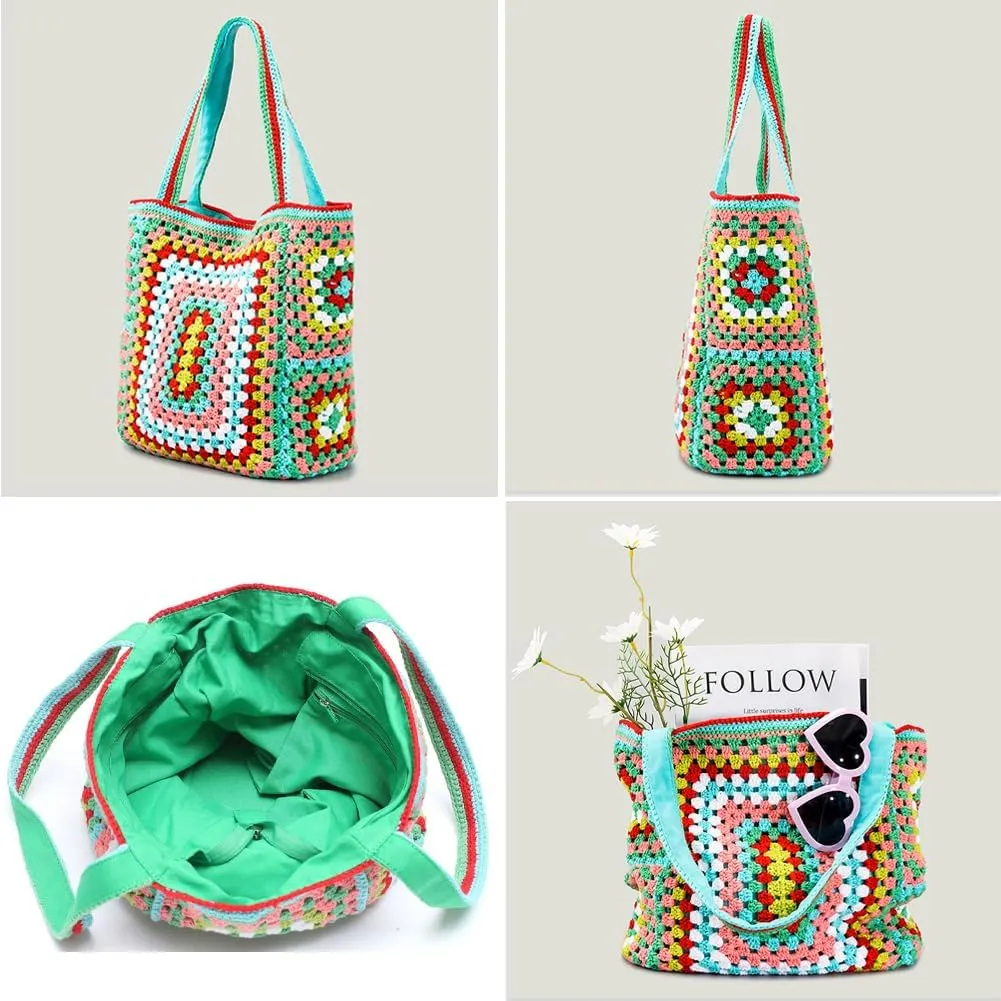 Knitted Shouder Bags for Women Crochet Handbag Colorful Summer Totes Oversized Woven Top Handle Purse
