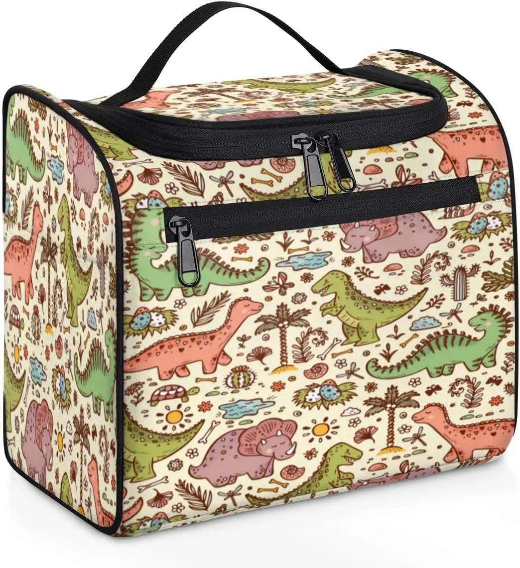 KOBLEN Cute Dinosaur Travel Toiletry Bag Water-Resistant Makeup Cosmetic Bag with Hanging Hook Large Capacity Makeup Organizer for Women Travel Essentials