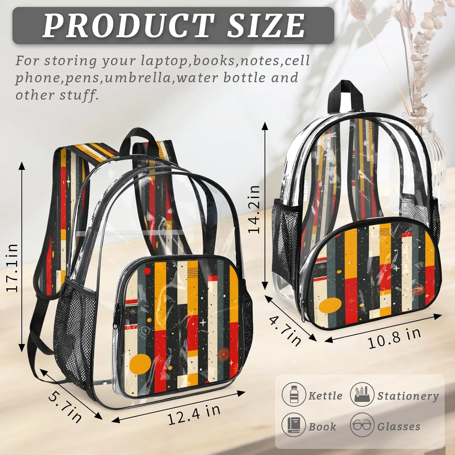 KOBLEN Geometric Stripe Stars 14.2 Inch Clear Backpack, Heavy Duty Transparent PVC Daypack with Adjustable Padded Straps, Large Capacity Clear Bag for Festival, Concerts, Travel