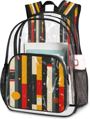 KOBLEN Geometric Stripe Stars 14.2 Inch Clear Backpack, Heavy Duty Transparent PVC Daypack with Adjustable Padded Straps, Large Capacity Clear Bag for Festival, Concerts, Travel