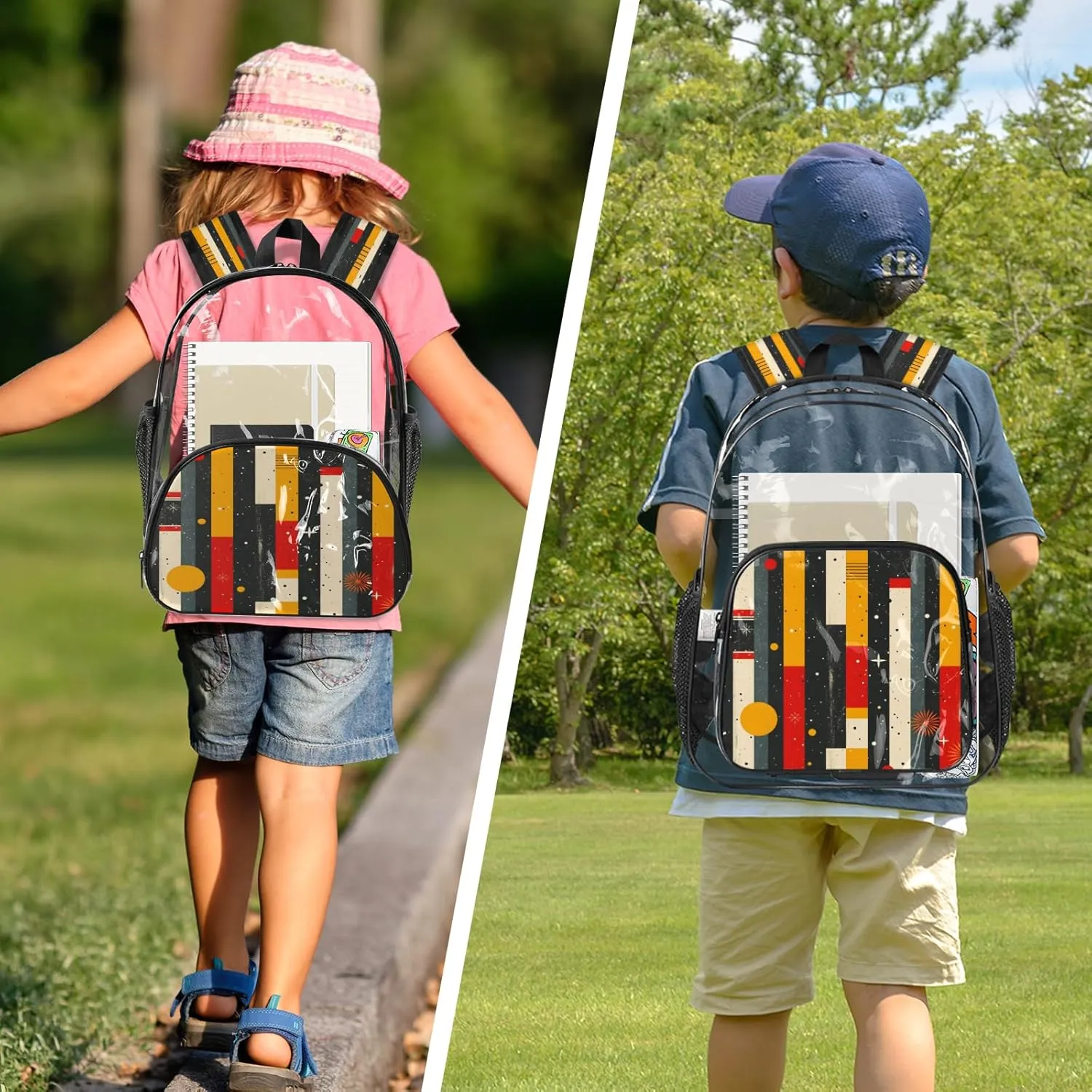 KOBLEN Geometric Stripe Stars 14.2 Inch Clear Backpack, Heavy Duty Transparent PVC Daypack with Adjustable Padded Straps, Large Capacity Clear Bag for Festival, Concerts, Travel