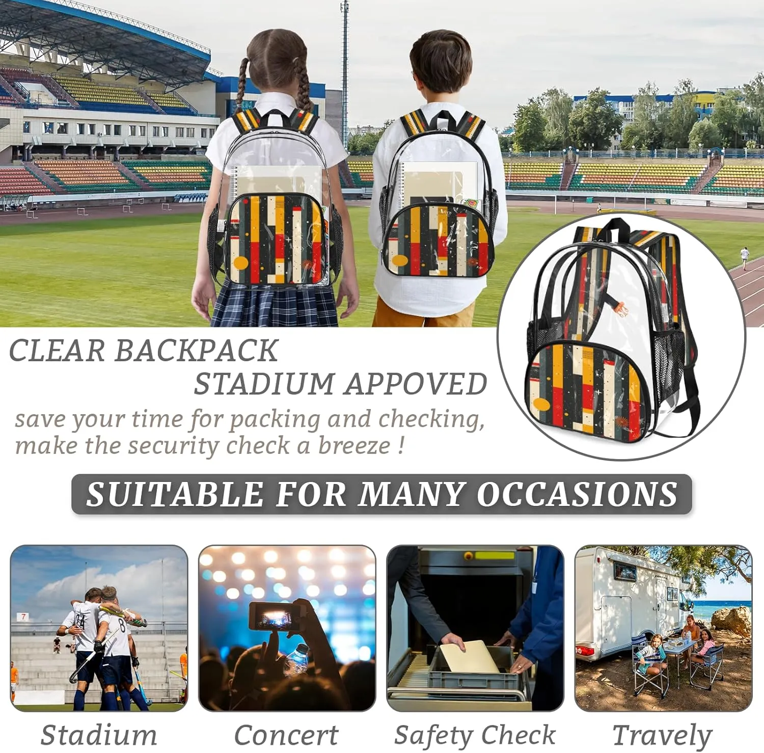KOBLEN Geometric Stripe Stars 14.2 Inch Clear Backpack, Heavy Duty Transparent PVC Daypack with Adjustable Padded Straps, Large Capacity Clear Bag for Festival, Concerts, Travel