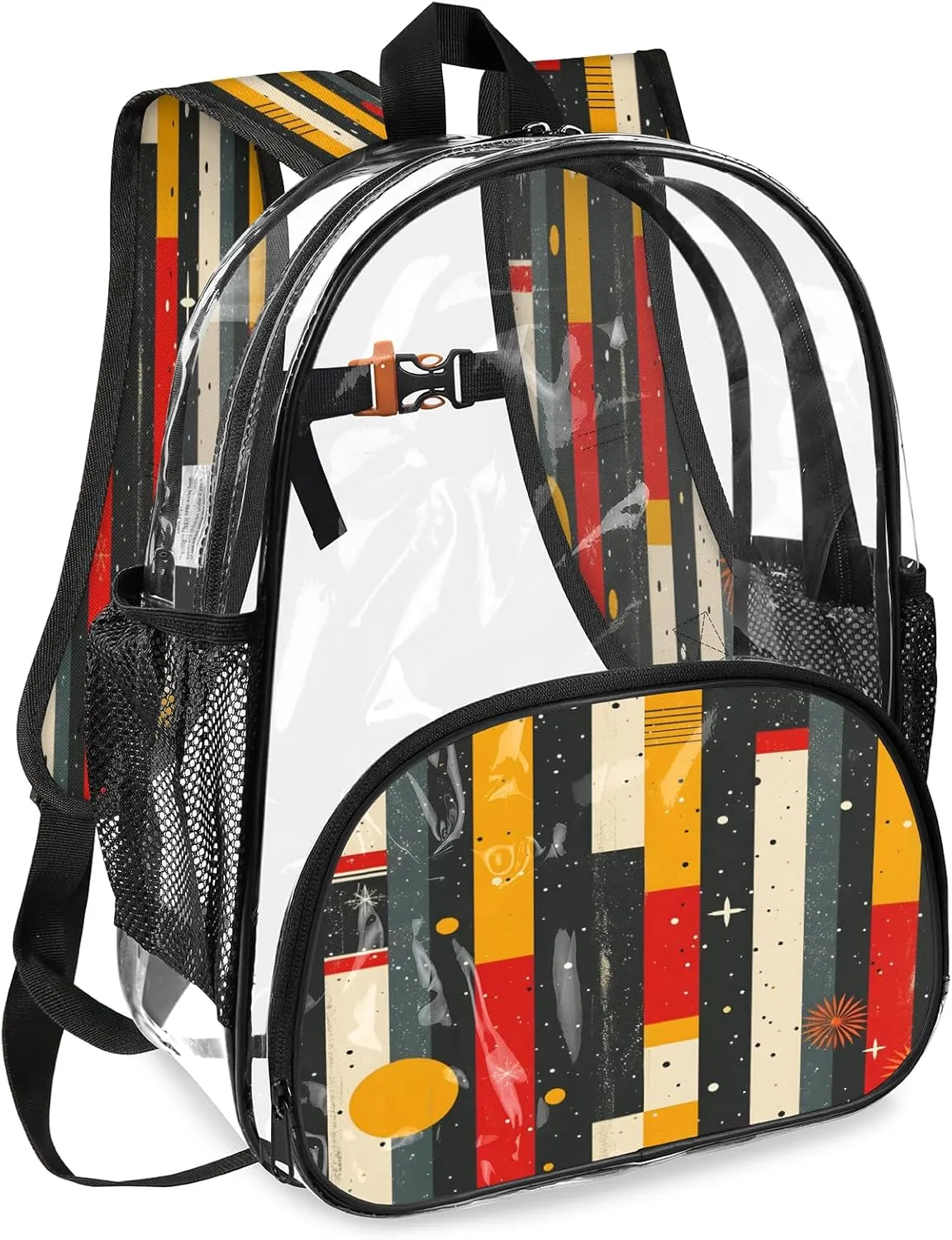 KOBLEN Geometric Stripe Stars 14.2 Inch Clear Backpack, Heavy Duty Transparent PVC Daypack with Adjustable Padded Straps, Large Capacity Clear Bag for Festival, Concerts, Travel