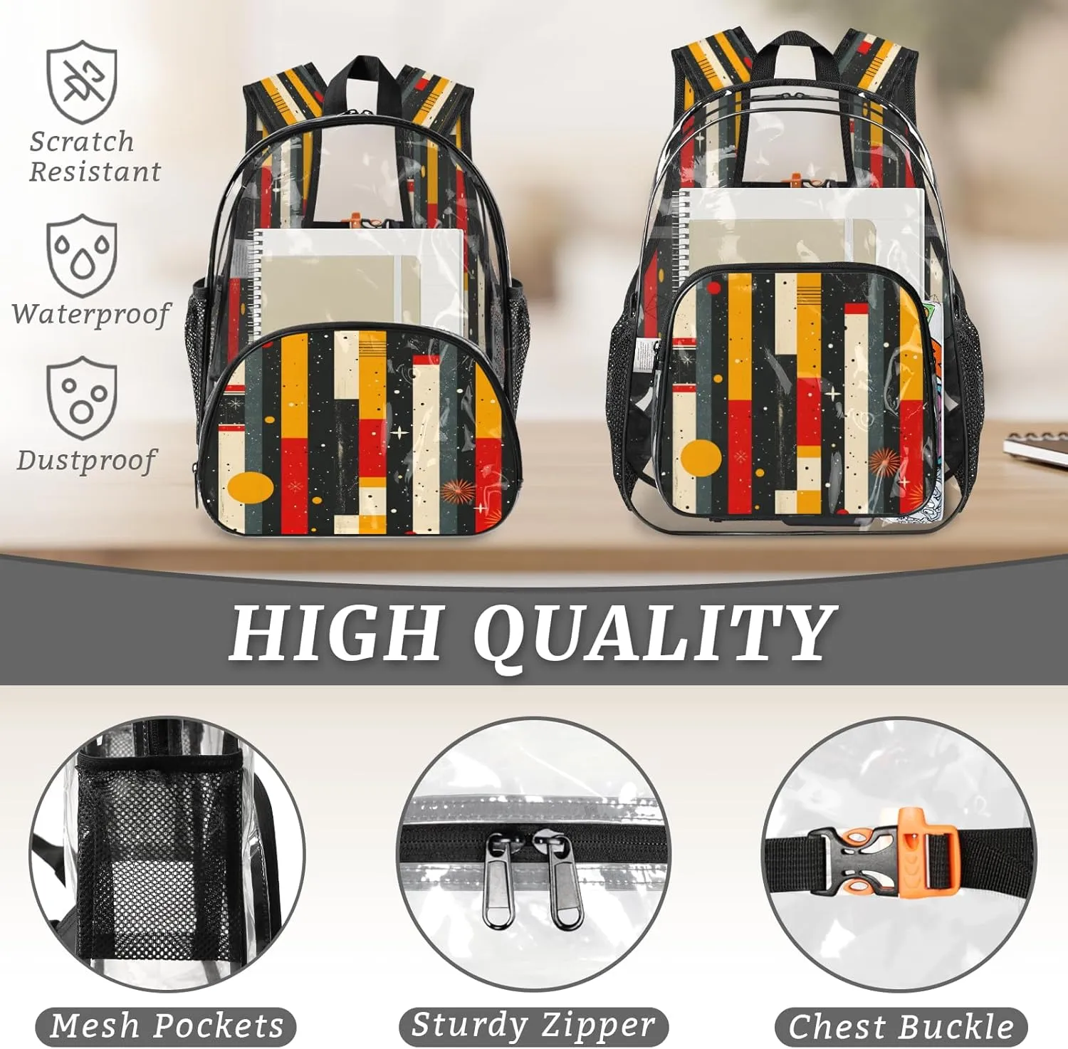 KOBLEN Geometric Stripe Stars 14.2 Inch Clear Backpack, Heavy Duty Transparent PVC Daypack with Adjustable Padded Straps, Large Capacity Clear Bag for Festival, Concerts, Travel